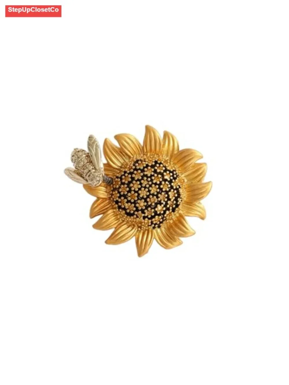Crystal Rhinestone Sunflower Brooch Vintage Enamel Bee Pin 3D Floral Jewelry
